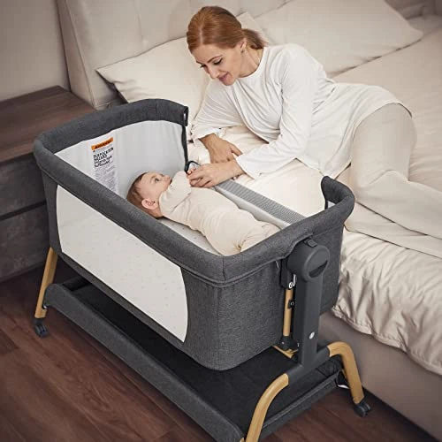 ANGELBLISS 3 In 1 Baby Bassinet, Rocking Bassinets Bedside Sleeper With Comfy Mattress And Wheels, 6 Height Adjustable Easy Folding Portable Bedside Crib For Newborn Infant - Image 2