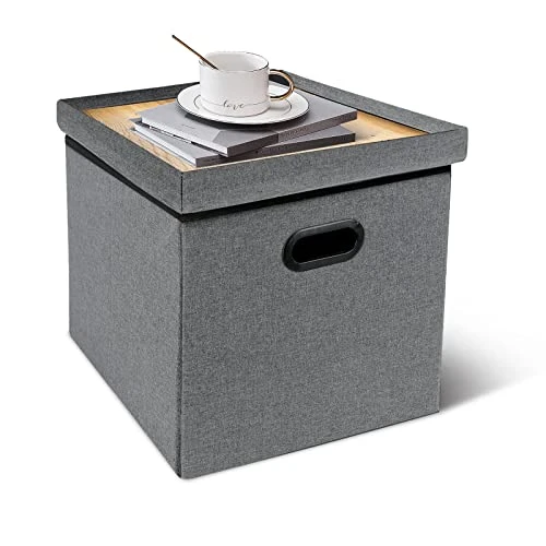 Acehome Storage Ottoman Cube, Small Ottoman With Storage, Folding Square Storage Ottoman With Tray, Cube Ottoman Storage With Handles, Linen Fabric Button Footstool Rest Padded Seat, Dark Grey, 2PC