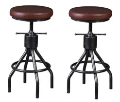LOKKHAN Set Of 2 Industrial Bar Stool-Vintage Adjustable PU Leather Metal Swivel Bar Stool-Cast Iron-23-30 Inch Tall Counter Bar Height Farmhouse Kitchen Stools