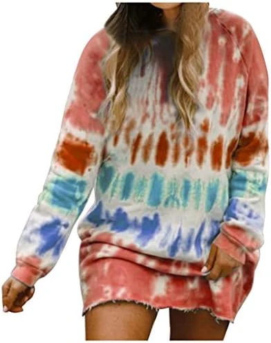 Franterd Women's Tie-Dye Sweatshirts Oversized Long Sleeve Crewneck Loose Casual Mini Dress - Image 9