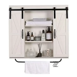 RUSTOWN Rustic Wood Wall Storage Cabinet With Two Sliding Barn Door, 3-Tier Decorative Farmhouse Vintage Cabinet For Kitchen Dining, Bathroom, Living Room, Vintage White