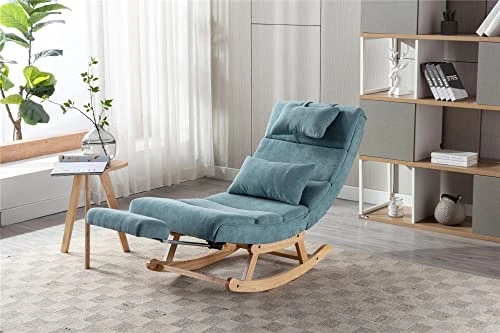 Modern Rocking Lounge Chair, Upholstered Glider Chair For Adults, Accent Rocker Chair With Large Back & Pull Out Pedal, Lie Or Sleep Lazy Chair For Living Room, Bedroom, Balcony (Light Blue Polyester) - Image 5