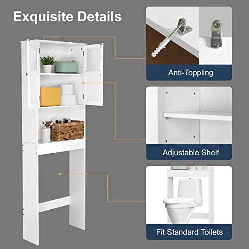 FCH Bathroom Shelf Over Toilet Storage Space Saver Bathroom Cabinet Organization Wood Storage Cabinet White Finish 23 1/4"(L) X 8 11/16"(W) X 66 15/16"(H) - Image 3