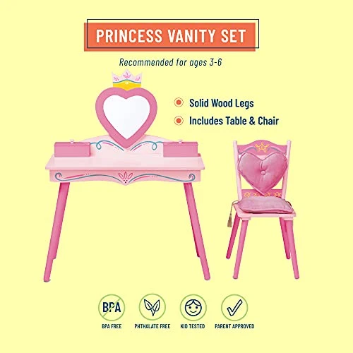 Wildkin Kids Princess Wooden Vanity And Chair Set For Girls, Vanity Features Mirror And Attached Jewelry Box And Music Box, Includes Matching Chair With Removable Backrest And Seat Cushion (Pink) - Image 2