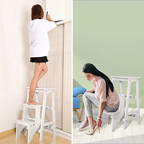 DORTALA 3 Tier Folding Step Stool, Rubber Wood Multifunctional Ladder Chair Bench, Portable Utility Seat, Flower Rack, Light Weight Design, 353 Lbs Capacity, Ideal For Library, Home, White - Image 2