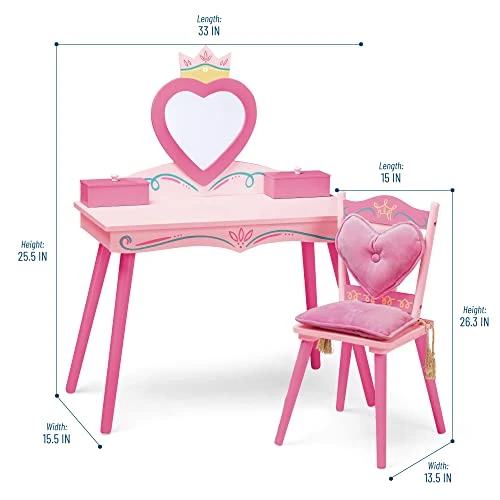 Wildkin Kids Princess Wooden Vanity And Chair Set For Girls, Vanity Features Mirror And Attached Jewelry Box And Music Box, Includes Matching Chair With Removable Backrest And Seat Cushion (Pink) - Image 3