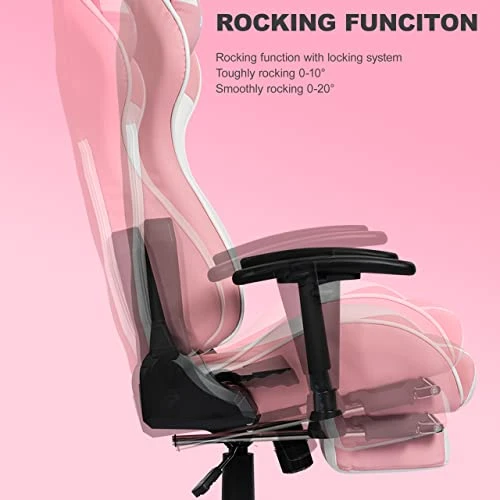 OHAHO Gaming Chair Racing Style Office Chair Adjustable Massage Lumbar Cushion Swivel Rocker Recliner Leather High Back Ergonomic Computer Desk Chair With Retractable Arms And Footrest (Pink/White) - Image 4