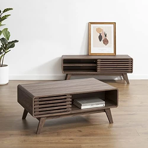 Mopio Ensley Coffee Table, Mid Century Modern Coffee Table With Storage, Rectangle Living Room Tables, Center Table (Coffee Table + 59" TV Stand, Walnut) - Image 6