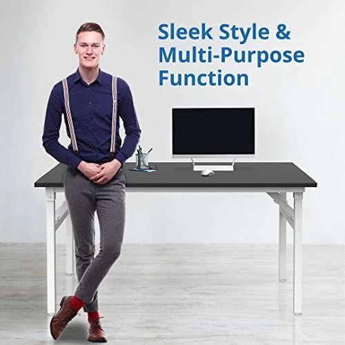 Halter Folding Desk Table, No Assembly Collapsible Computer Desk For Office, Bedroom, And Study - 47β Space-Saving Portable, Foldable Study Table - Black Table Top, White Frame - Image 4