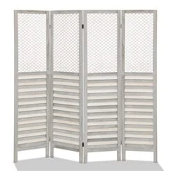 ACEHOME Room Dividers 4 Panel,Home Folding Privacy Carved Wood Screens 5.6Ft,Portable Office Walls Dividers,Indoor Decorative Room Divider,No Installation Required(Grayish White)