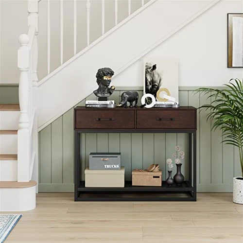 Console Table With Drawers And Storage Shelf, Narrow Long Sofa Entryway Table For Living Room, Entryway, Hallway, Foyer,Cherry - Image 2