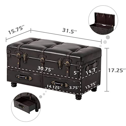LONYKE Vintage Treasure Chest Bench With Latch Closure And Buckle Trunk, Farmhouse Faux Leather Storage Ottoman Bench For Living Room, Entryway, Bedroom, Sponge Padded ,Black Brown - Image 3
