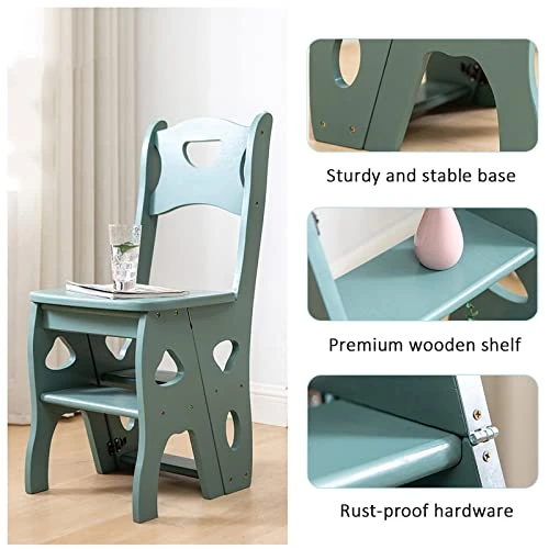 Wooden Folding Library Ladder Chair,Lightweight Portable Ladder Shelf,Multifunctional Step Stool,4-Step Stepladders Display Stand For Indoor Outoor, Green, 35x47.5x88cm(14x19x35inch) - Image 4