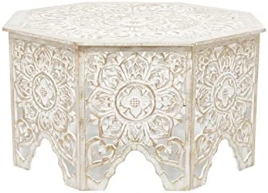 Deco 79 Wood Floral Handmade Intricately Carved Coffee Table With Hollow Interior, 33" X 33" X 18", Light Gray - Image 9