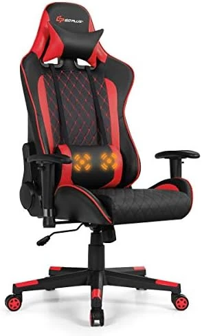 Goplus Massage Gaming Chair, Reclining Backrest Handrails And Seat Height Adjustment Racing Computer Office Chair, Ergonomic High Back Embroidered PU Swivel Game Chair With Headrest And Lumbar Cushion - Image 8