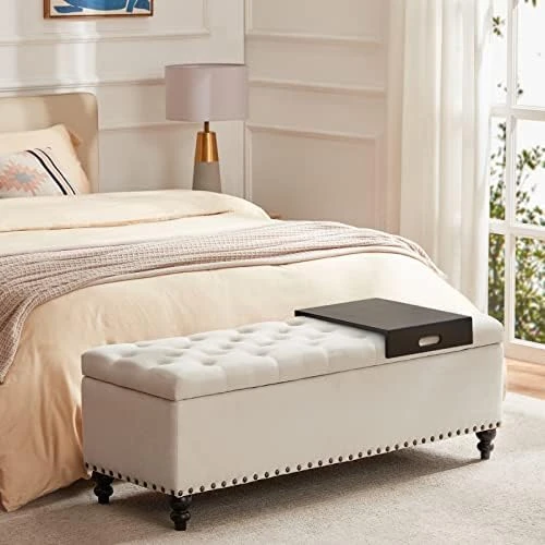 HUIMO Button-Tufted Ottoman With Storage In Upholstered Fabrics, Large Storage Bench For Bedroom, Living Room, Entryway, Storage Ottoman Bench With Safety Hinge Hold Up To 300lbs (Ivory) - Image 6