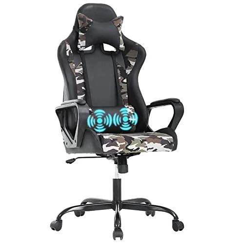 PC Gaming Chair Office Chair Racing Desk Chair With Lumbar Support Arms Headrest Massage High Back PU Leather Ergonomic Computer Chair Rolling Adjustable Swivel Chair For Women Men Adult, Camo