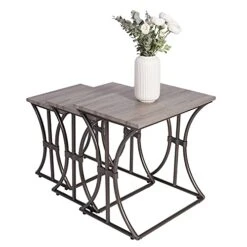 KATDANS Nesting Table Set Of 3, Stacking End Table-Small Coffee Table Set Of 3, Modern Living Room Accent Table Set Of 3, Weathered Oak Tabletop-Bronze Base, KS663O