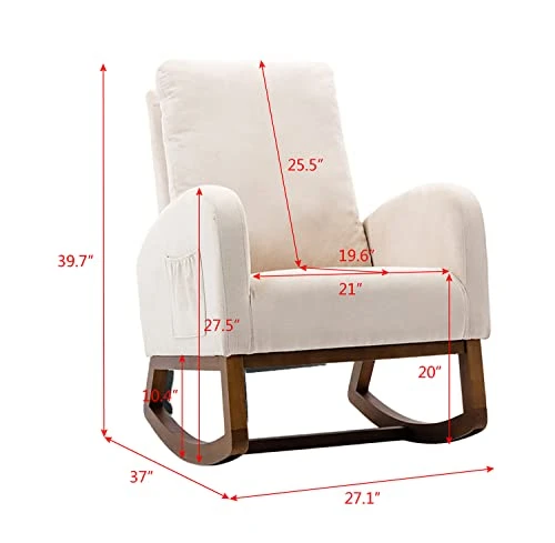 SmartDer Comfy Rocking Chair Nursery, Padded Rocking Chair With A Pocket, Accent Armchair With High Backrest And Solid Wood Base, Modern Lounge Living Room Chair For Nursery, Beige-Smooth Backrest - Image 4