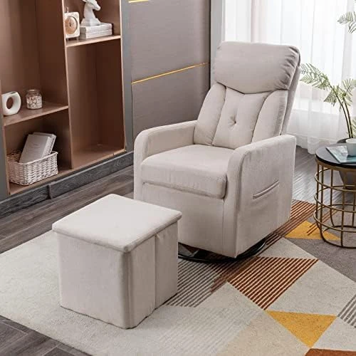 Taiweny Swivel Rocking Chair With Storage Ottoman, Teddy Fabric Upholstered Glider Rocker Sherpa Boucle Armchair And Folding Foot Stool For Nursery, Bedroom, Living Room (White) - Image 4