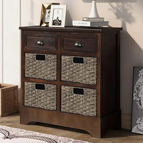 P PURLOVE Storage Cabinet Storage Unit With 2 Wood Drawers And 4 Wicker Baskets Rustic Storage Cabinet For Home Kitchen Entryway Living Room (White Washed) - Image 5