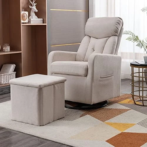 LUCKHAO Swivel Rocker Chair With Storage Ottoman, Modern Nursery Glider Chair, Teddy Fabric Upholstered Rocking Chairs, Armchair With High Backrest For Living Room Bedroom(White Teddy) - Image 5