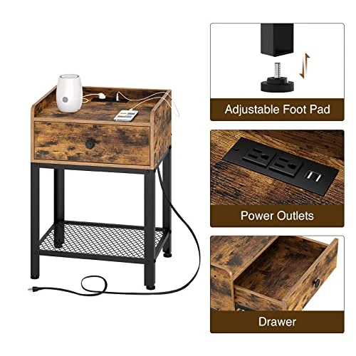 Rolanstar Nightstand With Charging Station And USB Ports, Rustic End Table With Drawer And Metal Shelf For Bedroom, Living Room, Rustic Brown - Image 4
