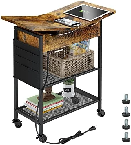 Slim Side Table With USB Ports And Outlets, Narrow End Table With Storage Shelf And Bag For Small Spaces 2 Sides Flip Top Nightstand With Charging Station Rolling Wheels For Living Room Bedroom Black - Image 7