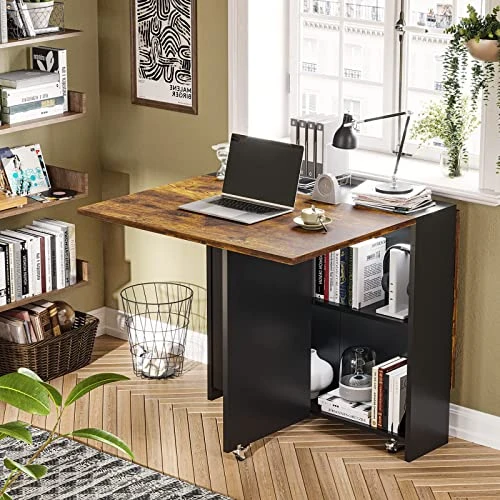 Tiptiper Folding Dining Table With 6 Wheels, Drop Leaf Tables For Small Spaces, Foldable Dining Table With 2-Layer Storage Rack, Folding Kitchen Table, Rustic Brown And Black - Image 2