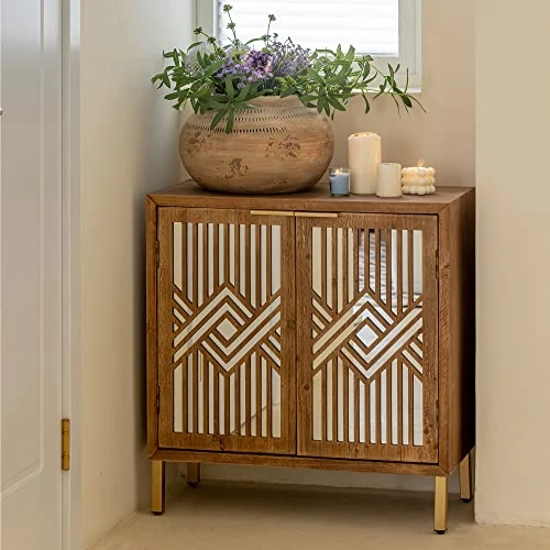 LONYKE Mid Century Modern Dresser, 2 Door Accent Cabinet Woven With Mirror Fronts Clean-Lined Silhouette, Natural - Image 3