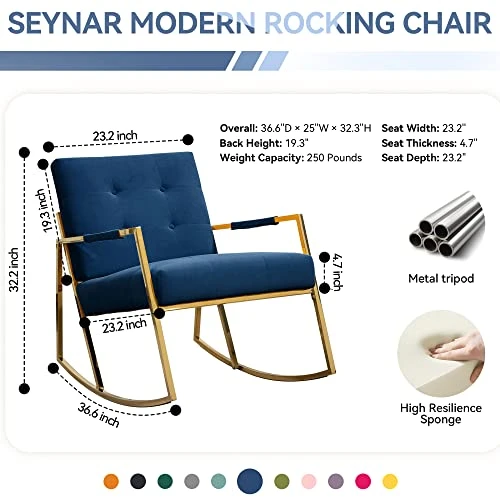 SEYNAR Rocking Chair,Upholstered Accent Chairs,Comfy Glider Living Room Chairs For Padded Seat With Golden High Armrest,Rocking Chair Nursery For Living Room,Dining Room,Bedroom,Kitchen(Navy) - Image 2