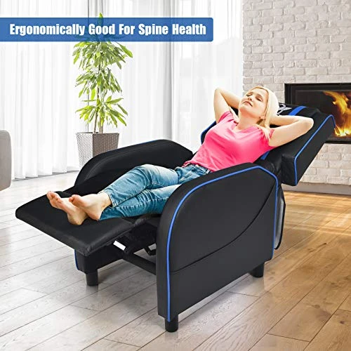 POWERSTONE Gaming Recliner Chair, Reclining Gaming Chair Ergonomic Leather Sofa With Footrest Lumbar Support Headrest And Side Pouch For Living Room Home Theater, Blue - Image 3