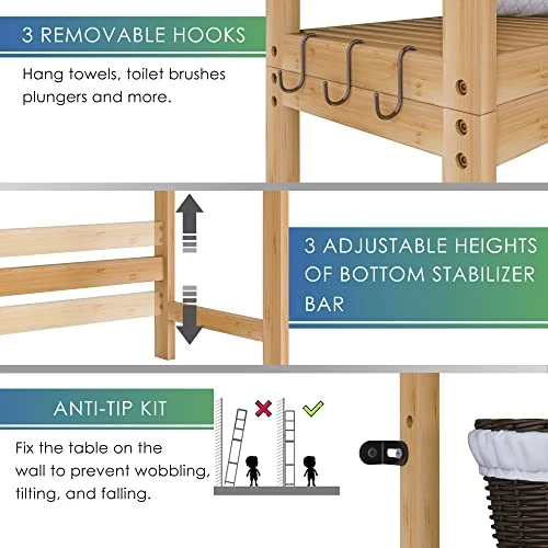 SMIBUY Bathroom Storage Shelf, Bamboo Over-The-Toilet Organizer Rack, Freestanding Toilet Space Saver With 3-Tier Adjustable Shelves (Natural) - Image 6