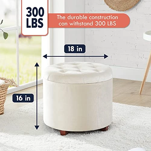 Ornavo Home Donovan Tufted Round Storage Ottoman With Removable Lid For Living Room And Bedroom - Cream Velvet - Image 7