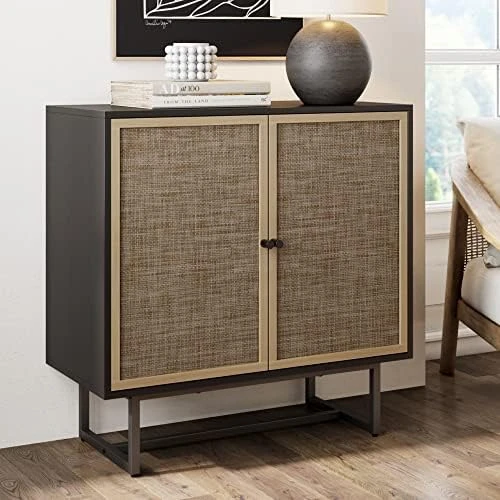 Nathan James Kova Accent Natural Storage Cabinet Sideboard Wood And Rattan With Matte Metal Frame, Adjustable Interior Shelves And Cane Doors, For Hallway, Entryway Or Living Room, Light Oak/Black - Image 12