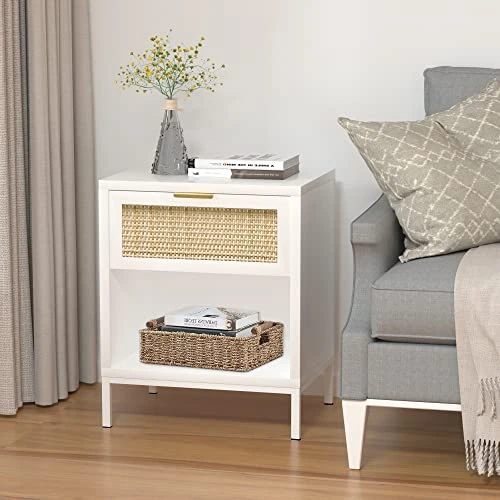 Anmytek Modern Wood Nightstand With Natural Rattan Drawer, Mid Century Side Table Farmhouse Bedside End Table Storage Drawer And Shelf For Bedroom Living Room White/Gold-H0052 - Image 4