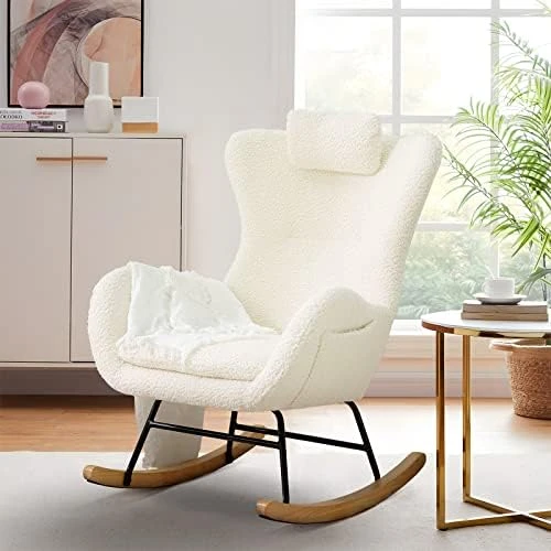 KINFFICT Accent Rocking Chair, Velvet Tufted Upholstered Glider Rocker For Nursery, Comfy Armchair With Side Pockets, Modern Lounge Arm Chair For Living Room, Bedroom (Velvet Off White) - Image 10
