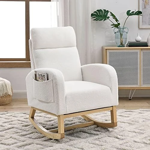 Nursery Rocking Glider Chair, Modern Fabric Tall Back Accent Rocker Chair Upholstered Arm Chair W/Side Pockets, Modern Leisure Single Sofa For Living Room, Hotel, Bedroom, Office, Beige - Image 5