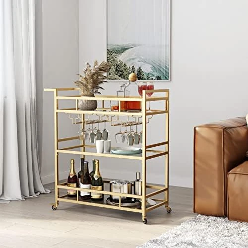 LORMITER Silver Bar Carts With 3 Tier Glass Shelves, Rolling Serving Bar Cart With Wine Rack And Glass Holder, Home Bar Carts & Wine Carts On Wheels For Kitchen, Indoor & Outdoor - Image 11