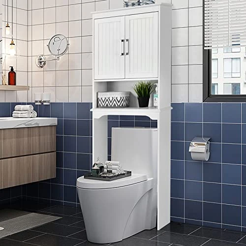 BestComfort Over The Toilet Storage Cabinet, Bathroom Space Saver With Adjustable Inside Shelf And Open Bottom Shelf, Toilet Rack Organizer With Double Doors (25inchx 9inchx 66inch), White