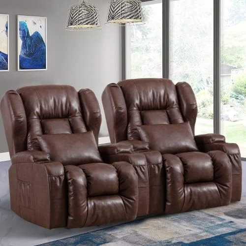 OBBOLLY Manual Swivel Glider Rocker Recliner Chair-Nursery Rocking Recliner Chair,Wingback Design 360° Swivel Chair With Lumbar Pillow, Cup Holders, Side Pockets For Living Room (PU Brown, Single) - Image 8