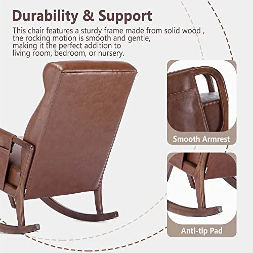 UPYOOE Nursery Rocking Chair Mid-Century Modern Chair With Ottoman Leather Arm Chair High Back with Side Pocket Comfy Glider Rocker Chair For Living Room Baby Room Bedroom (Brown PU Leather) - Image 3