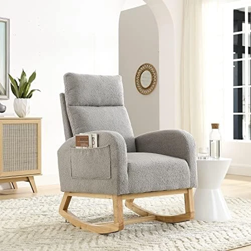 JEEOHEY Nursery Rocking Chair, Modern Upholstered Teddy Fabric Rocker Glider Chairs Single Sofa Chair With Solid Wood Legs, Side Pockets, White - Image 9