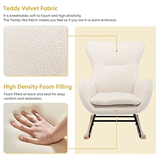 GEEVIVO Teddy Velvet Rocking Chair, Upholstered Accent Glider Rocker For Baby Nursery, Comfy Armchair Side Chair With High Backrest With High Backrest For Living Room, Bedroom (Beige, Teddy Velvet) - Image 4