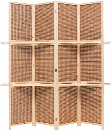THY COLLECTIBLES Freestanding Wood Frame Woven Bamboo 4 Panels Hinged Privacy Panel Screen Partition Wall With 2 Display Shelves Holding Room Divider With Shelves-Bamboo (Brown) - Image 3