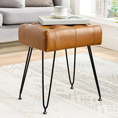 LUE BONA Modern Faux Leather Rectangle Vanity Stool, Vanity Chair For Makeup Room, Whiskey Brown Ottoman Foot Rest Entryway Bench With Black Legs For Bedroom Living Room - Image 9