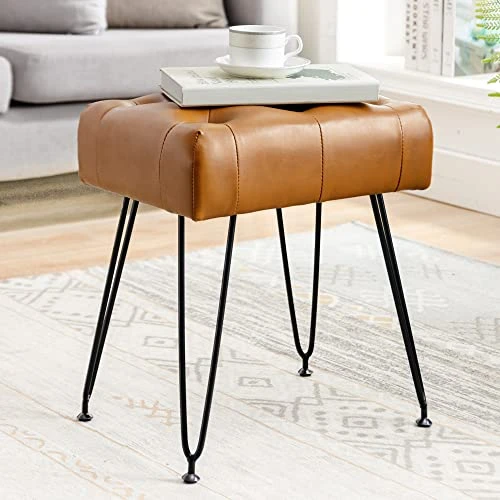 LUE BONA Modern Faux Leather Rectangle Vanity Stool, Vanity Chair For Makeup Room, Whiskey Brown Ottoman Foot Rest Entryway Bench With Black Legs For Bedroom Living Room
