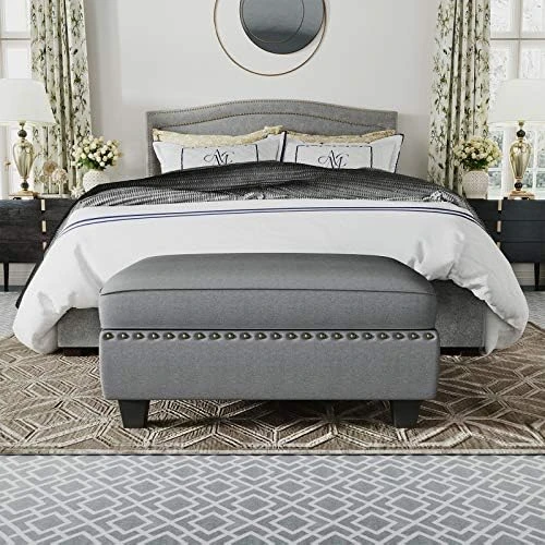 HONBAY Faux Leather Rectangle Bench With Storage Ottoman For Bedroom Upholstered Storage Bench Ottoman For Living Room (Brown Leather, Tray Ottoman) - Image 7