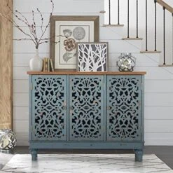 Sophia & William Sideboard And Buffet With Storage, 3-Door Hollow-Carved Accent Cabinet, Distressed Wood Storage Cabinet Cupboard For Kitchen, Dining Room, Living Room, Entryway, Blue