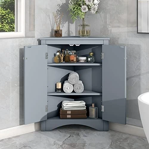 Merax 36" Bathroom Vanity With Ceramic Basin, Two Cabinets And Drawers, Open Shelf, Solid Wood Frame, Gray - Image 8